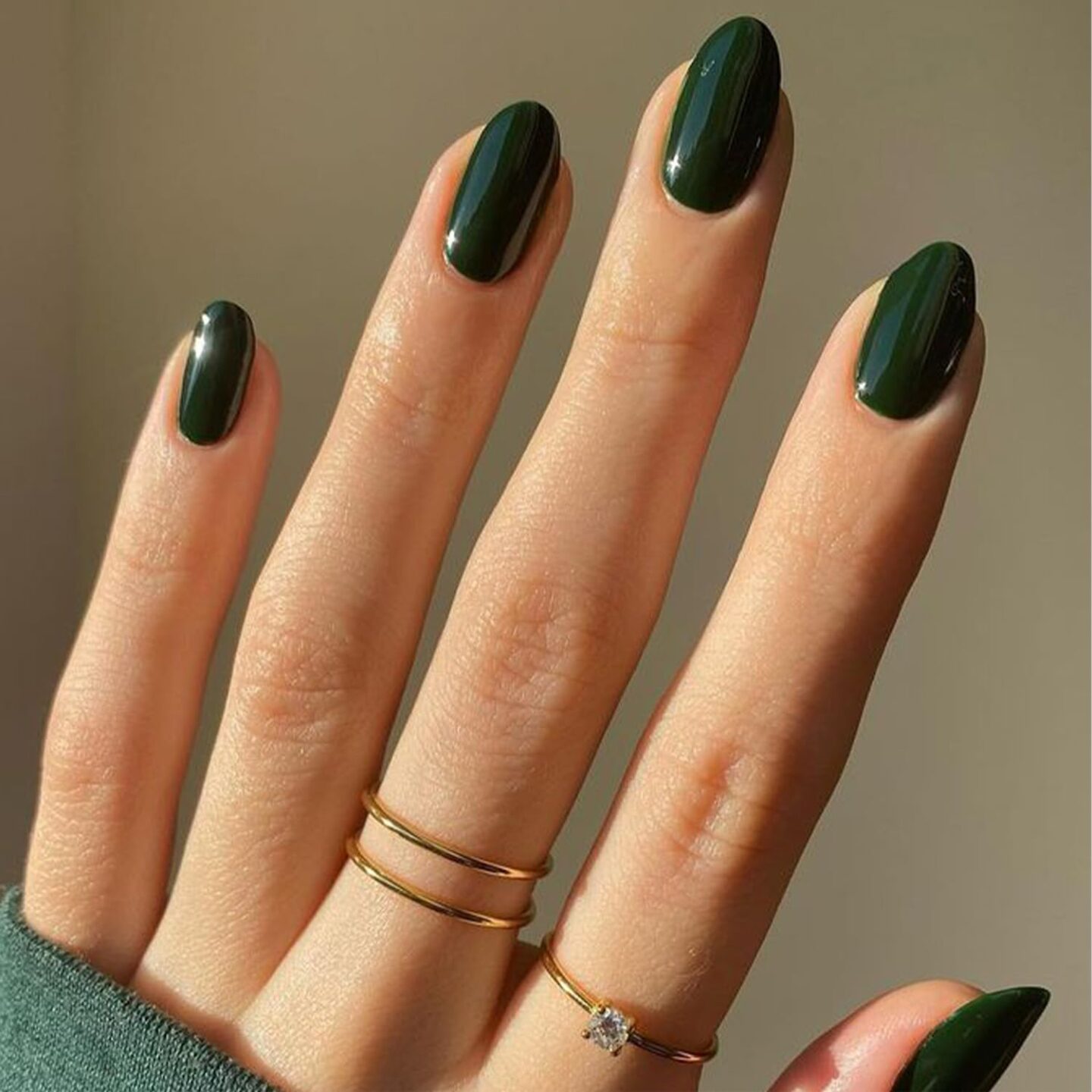 Dark green almond press on nails glossy finish
