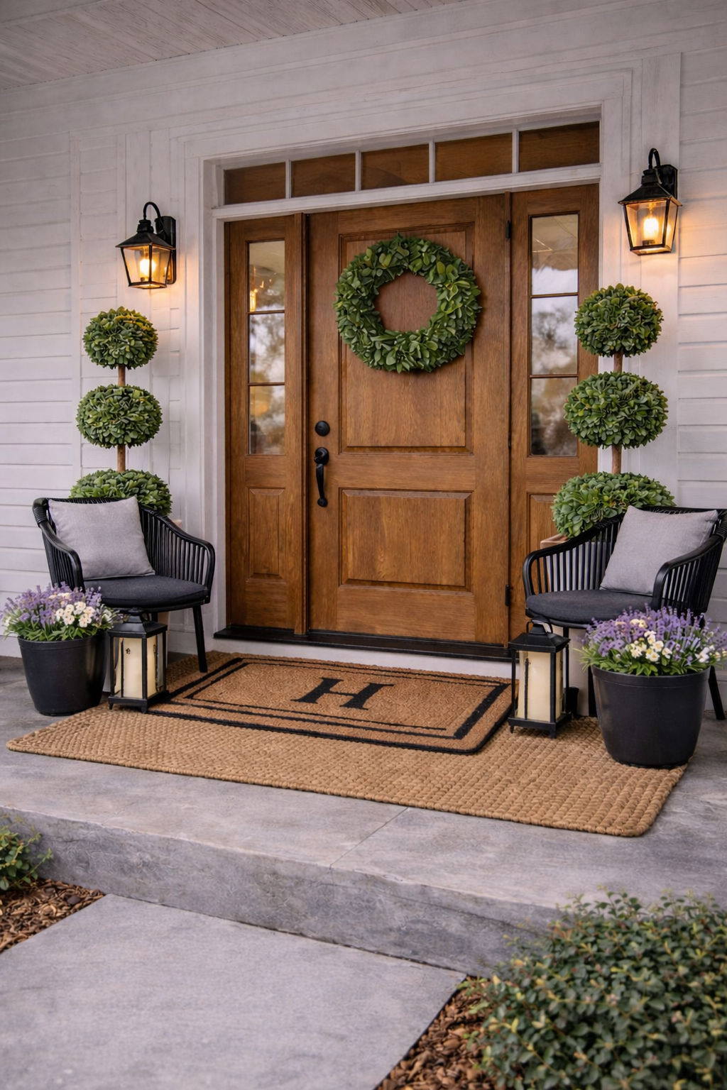 black metal outdoor lanterns with candles on spring porch at dusk