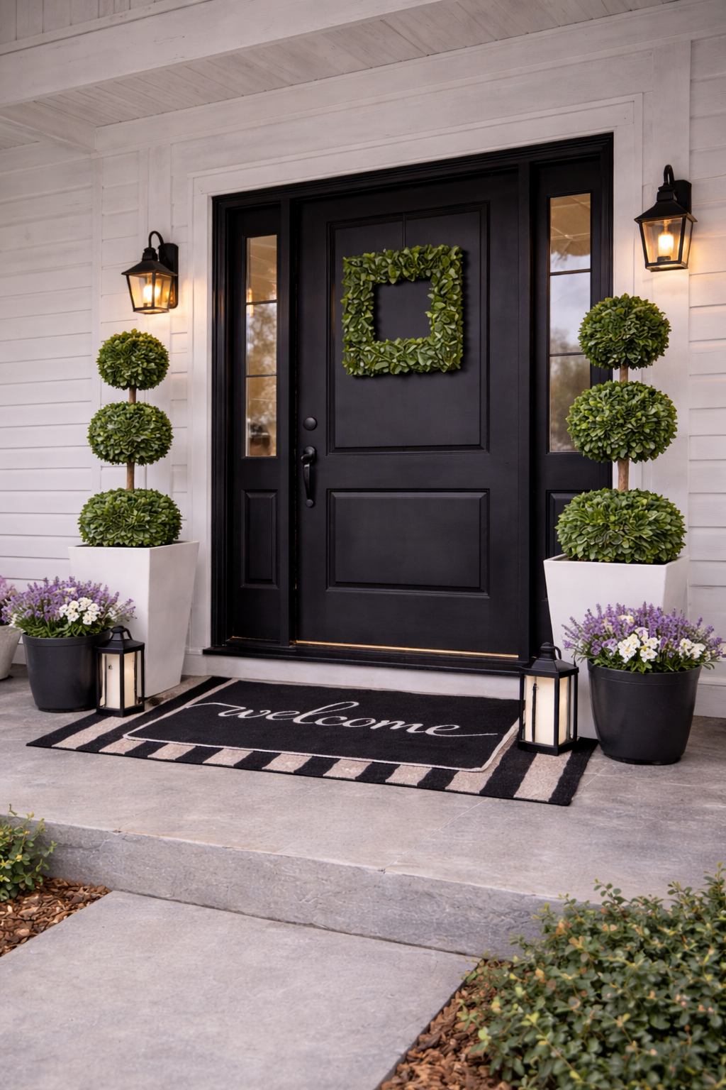 black front door with layered striped outdoor rug and jute welcome mat spring porch styling
