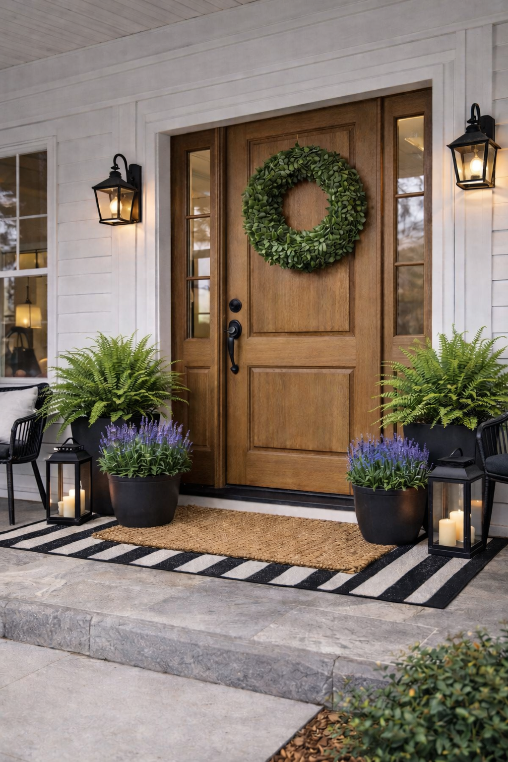 neutral spring porch with white tulips lavender and ferns in black planters