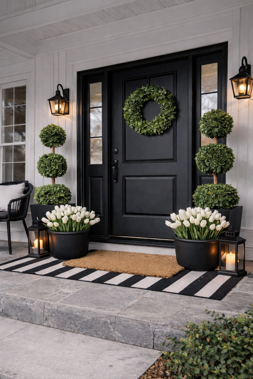 symmetrical front porch with triple ball boxwood topiaries and tall black planters