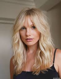 Soft blonde waves with wispy bangs and airy fringe pieces