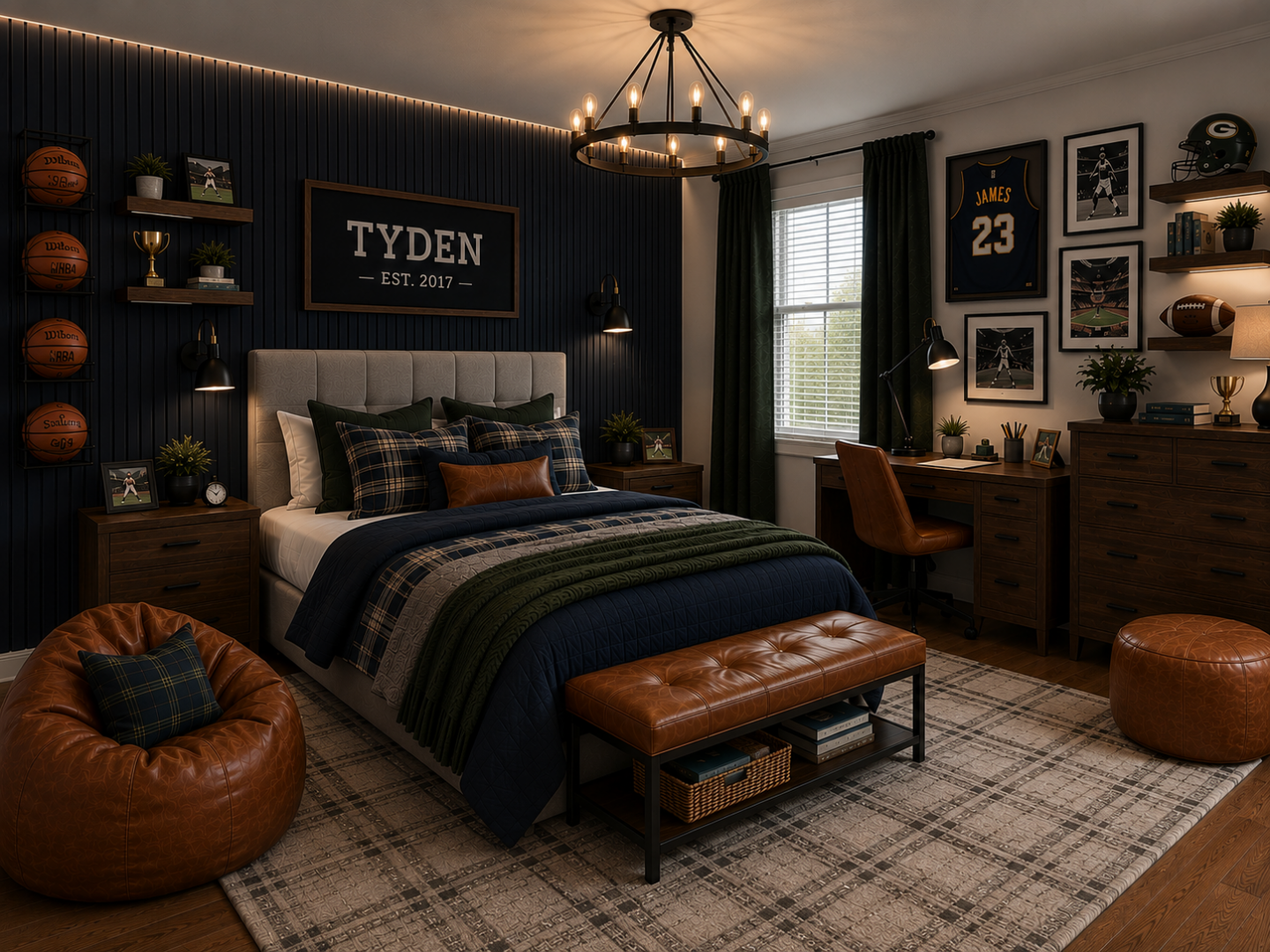 Timeless boys bedroom featuring navy fluted accent wall, walnut furniture, gray upholstered bed, sports décor, and layered bedding.