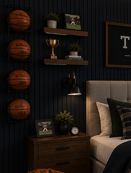 Timeless boys bedroom featuring navy fluted accent wall, walnut furniture, gray upholstered bed, sports décor, and layered bedding.