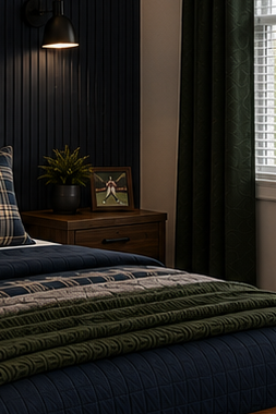 Timeless boys bedroom featuring navy fluted accent wall, walnut furniture, gray upholstered bed, sports décor, and layered bedding.