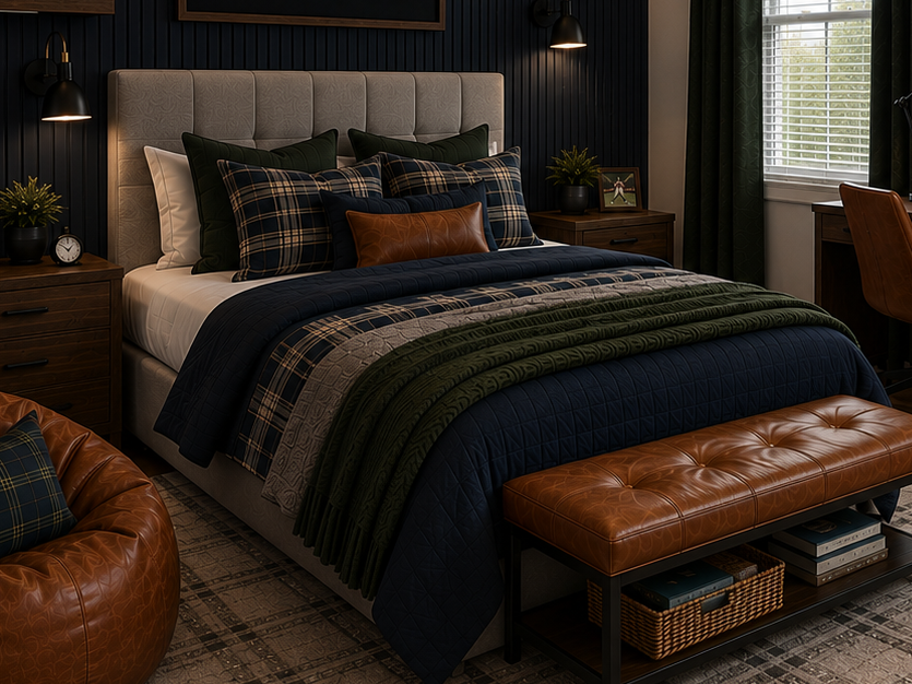 Timeless boys bedroom featuring navy fluted accent wall, walnut furniture, gray upholstered bed, sports décor, and layered bedding.